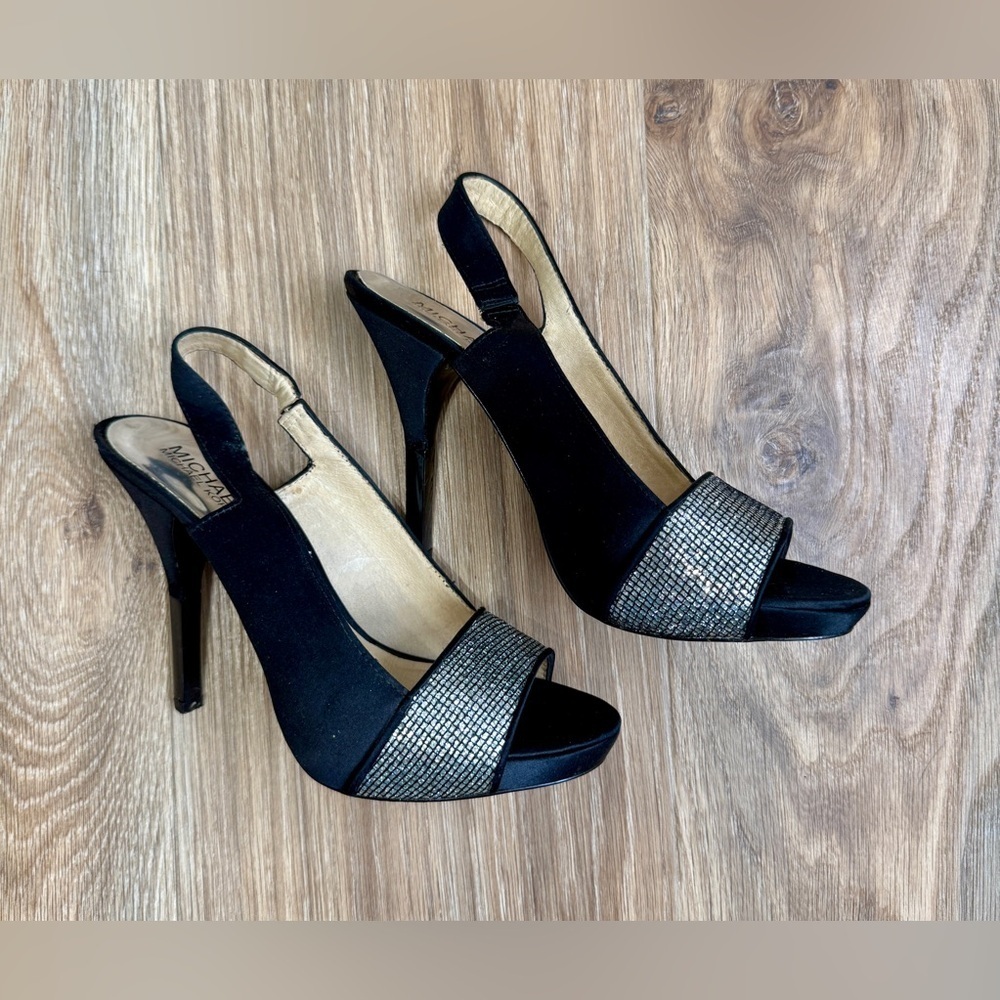 Michael Kors Shimmer Sling Black Silver Satin Heels Size 8 EUC